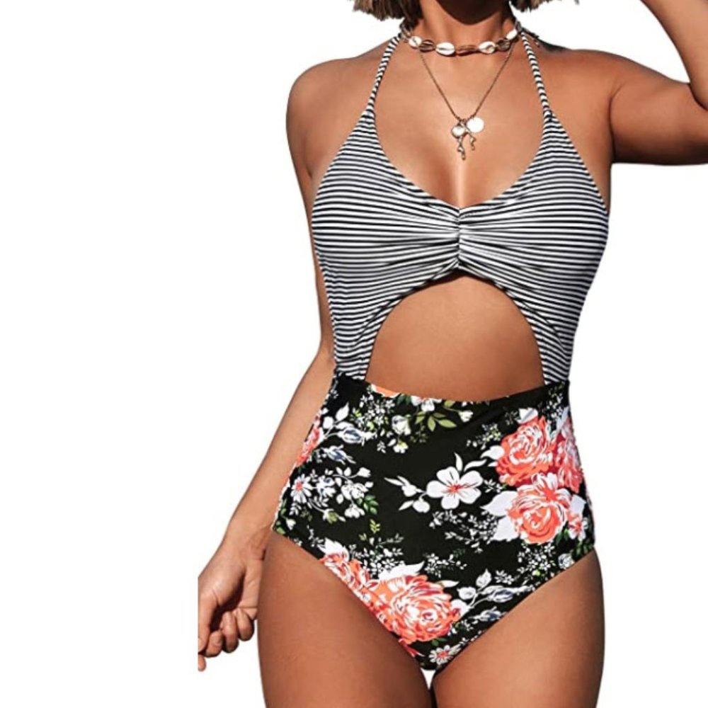 Cupshe Halter One-Piece Swimsuit Cut Out Floral Stripe Black White Sz Large NWT